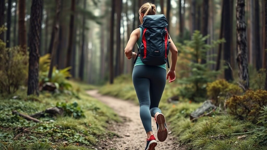 фотография человека, носящего рюкзак в походе, с акцентом на правильную осанку.