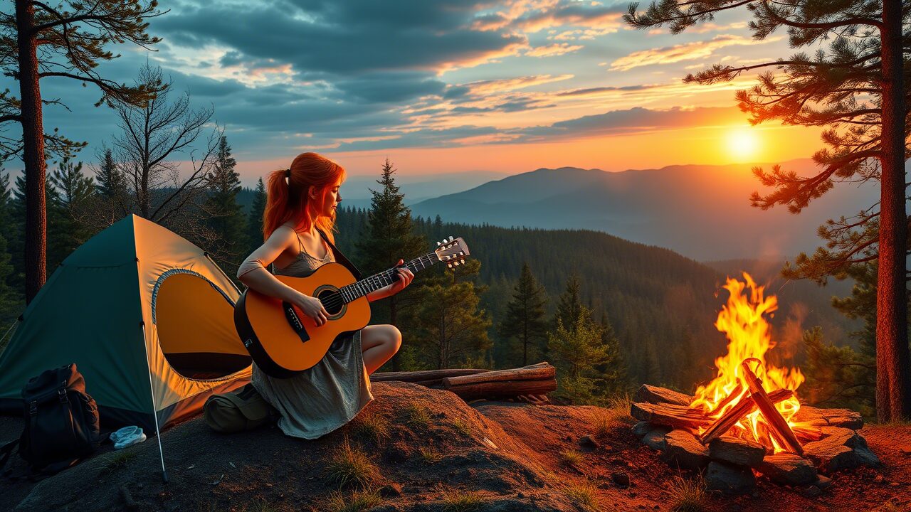 поход в лес костер палатка гитара